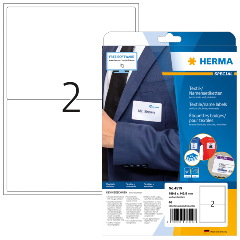 Textil- und Namensetiketten von Herma, inklusive Beispiel mit dem Namen "Mr. Brown". Verpackung zeigt Produktdetails und Maße.