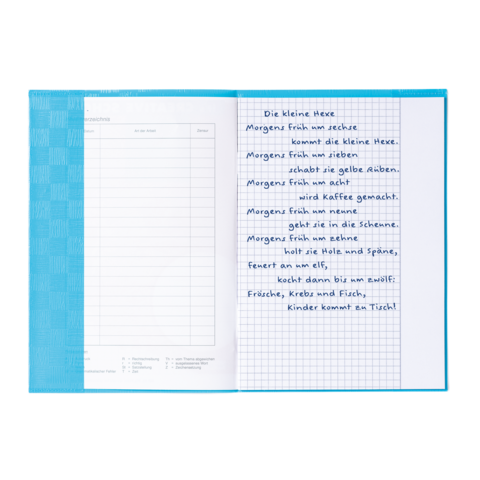 Ein offenes Buch mit handschriftlichem Text über die kleine Hexe, der verschiedene Aktivitäten und Speisen beschreibt.