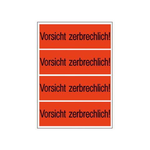 Vier orangefarbene Aufkleber mit dem Text "Vorsicht zerbrechlich!" in schwarzer Schrift.