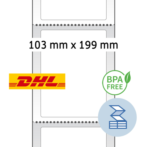 DHL-Logo mit den Maßen 103 mm x 199 mm, zusätzlich mit einem Symbol für BPA-freie Materialien und einem Drucksymbol.