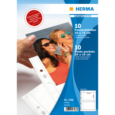 Fototaschen von HERMA, 10 Stück, für Fotos 10 x 15 cm, aus Polypropylen, beidseitig einsteckbar, auf der Verpackung abgebildet.