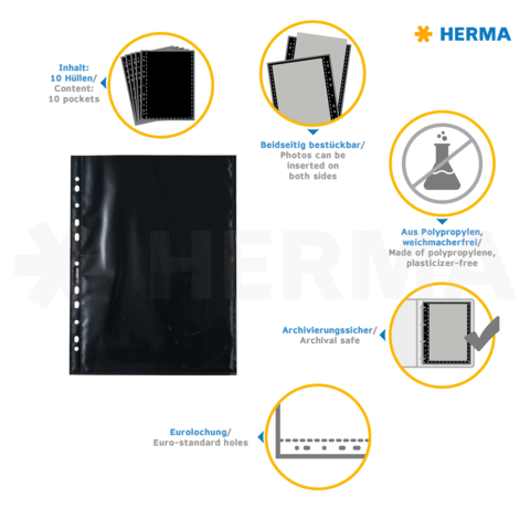 Schwarze Sammelmappe mit 10 Taschen, beidseitig verwendbar, aus Polypropylen, archivierungssicher, mit Eurolochung.