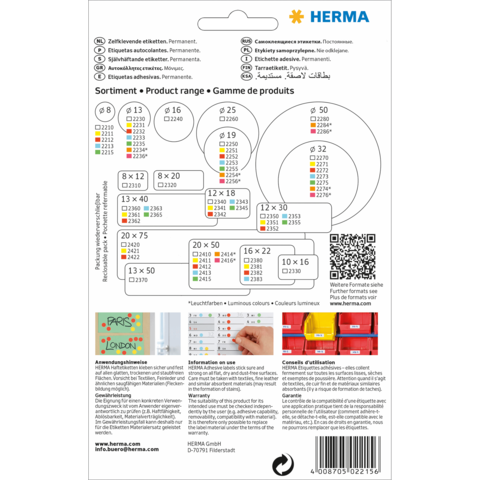 Produktübersicht mit verschiedenen Etikettenformaten und -farben von Herma, einschließlich Anwendungs- und Nutzungshinweisen.