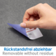 Eine Hand zieht einen abziehbaren Aufkleber von einer grauen Oberfläche. Der Aufkleber zeigt den Text "Rückstandsfrei abziehbar".