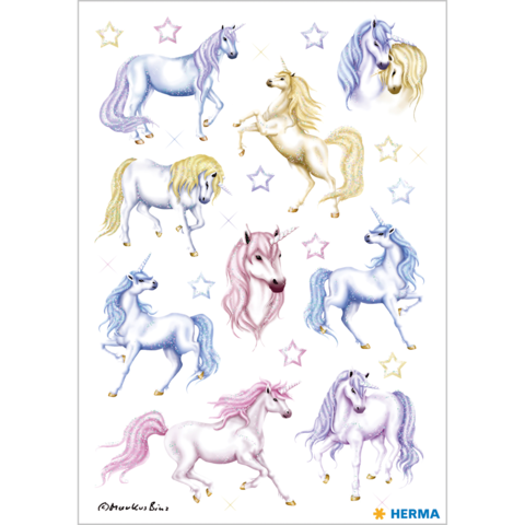 Neun verschiedene Einhörner in verschiedenen Posen und Farben, umgeben von Sternen auf einem weißen Hintergrund.