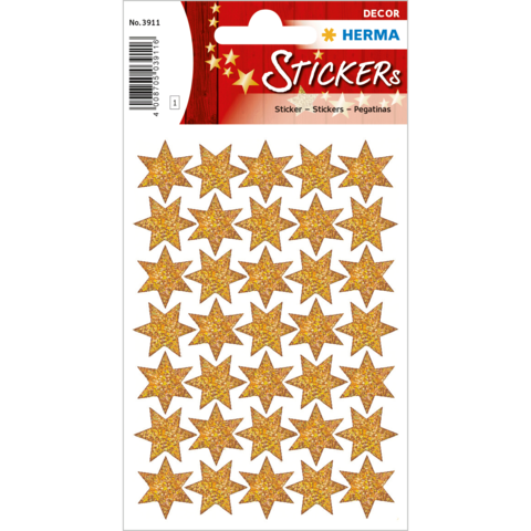 Goldene Sternaufkleber auf einem Bogen, mit insgesamt 24 Sternen in verschiedenen Größen. Ideal für Dekoration oder Bastelprojekte.