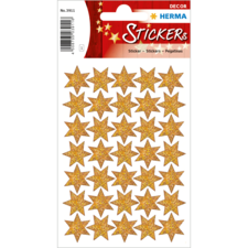 Goldene Sternaufkleber auf einem Bogen, mit insgesamt 24 Sternen in verschiedenen Größen. Ideal für Dekoration oder Bastelprojekte.