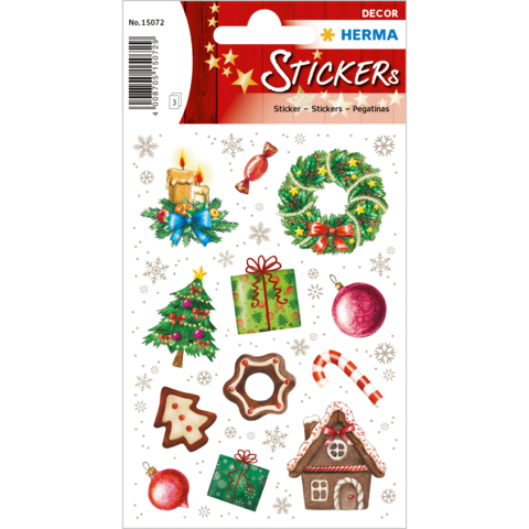 Weihnachtliche Aufkleber mit Kerze, Geschenken, Tannenbaum, Weihnachtskeksen und einem Lebkuchenhaus auf einem weißen Hintergrund.
