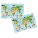 Weltkarte mit verschiedenen Tieren, die in verschiedenen Regionen abgebildet sind, einschließlich Säugetieren, Vögeln und Meereslebewesen.
