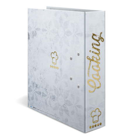 Ein Kochbuch mit einem weißen Cover, verziert mit goldenen Schriftzügen und einem Kochmütze-Symbol, das Sterne zeigt.