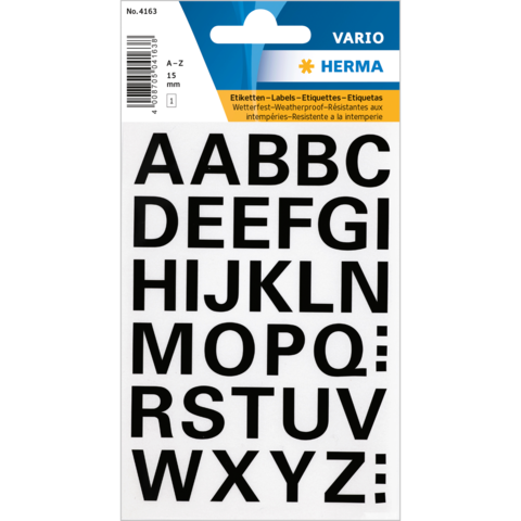 Schwarze Buchstabenaufkleber in Großbuchstaben, A-Z, auf einem weißen Hintergrund, für Etikettierung und Beschriftung.