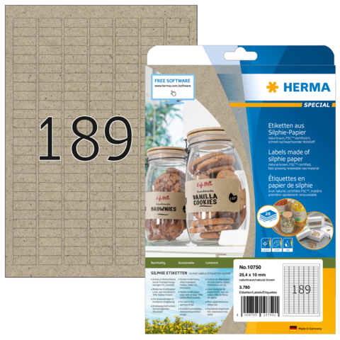 Etiketten aus Silphie-Papier mit der Nummer 189, verpackt in einer transparenten Hülle, mit Abbildungen von Keksgläsern.