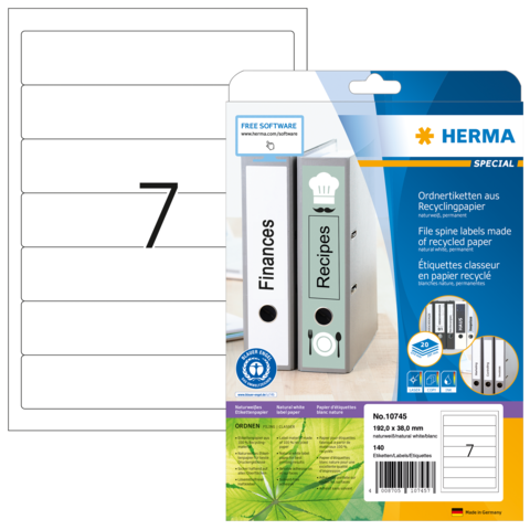 Ordneretiketten aus Recyclingpapier, mit Beschriftungen für "Finanzen" und "Rezepte", inklusive einer Vorlage für die Nummerierung.