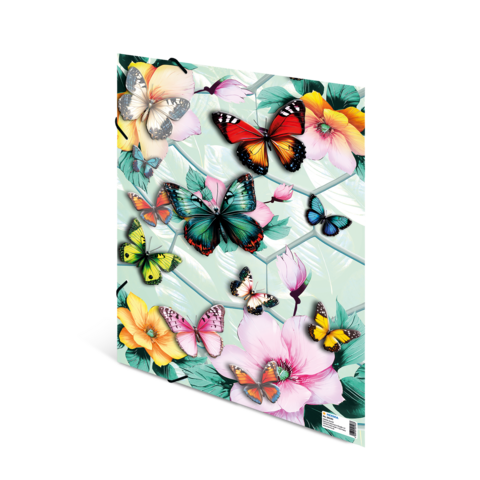 Bunte Schmetterlinge in verschiedenen Farben und Mustern, umgeben von Blumen vor einem hellen Hintergrund.