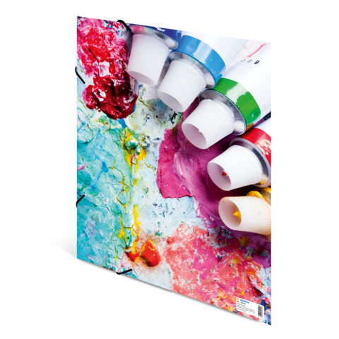 Farbtuben in verschiedenen Farben liegen auf einer bunten, strukturierten Oberfläche mit Farbklecksen.