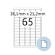 Ein Layout mit 65 Feldern, jedes 38,1 mm x 21,2 mm groß, dargestellt in einem Rasterformat.