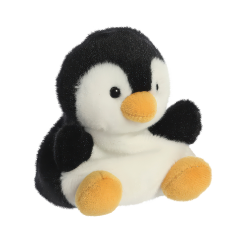Plüsch-Pinguin mit schwarzem und weißem Fell sowie orangefarbenem Schnabel und Füßen, sitzt aufrecht."
(Note: The text is already in German and does not require translation. It is clear and fluent as it is.)