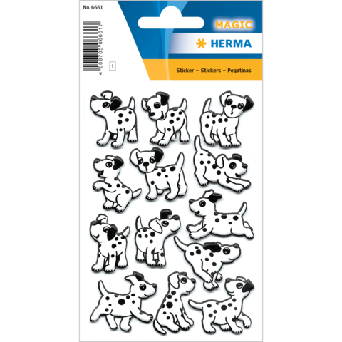 Aufkleber mit verschiedenen Dalmatiner-Hunden in schwarz-weiß, in unterschiedlichen Posen und Größen.