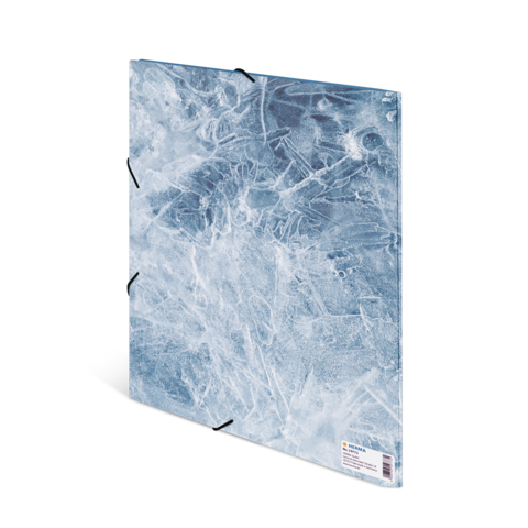 Ein Ordner mit einer blauen, eisähnlichen Oberfläche, der an der Seite mit schwarzen Klammern befestigt ist.