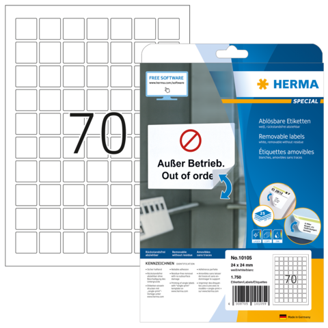 Packung mit ablösbaren Etiketten von Herma, inklusive einer Vorlage für die Nummer 70 und dem Hinweis „Außer Betrieb“.