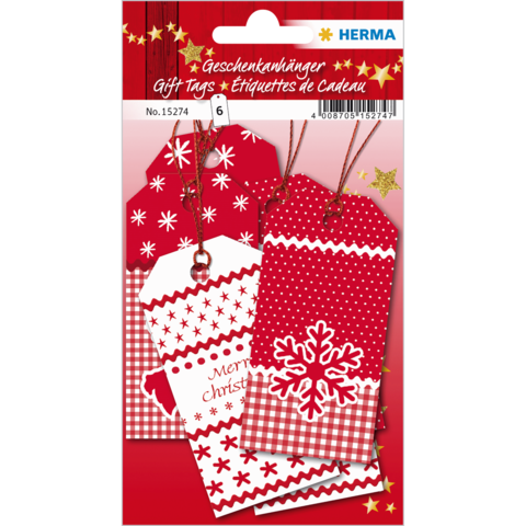 Geschenkanhänger in Rot und Weiß mit verschiedenen Mustern, darunter Schneeflocken und "Merry Christmas"-Schriftzug.