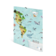 Eine Karte zeigt die Kontinente mit Tieren und geografischen Bezeichnungen, darunter Nordpol, Atlantischer Ozean und Antarktis.