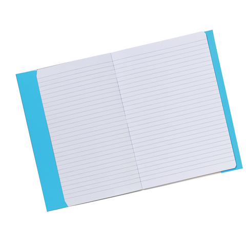 Ein offenes Notizbuch mit linierten Seiten und einem blauen Umschlag.