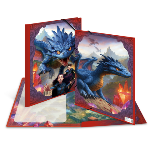 Ein aufgeschlagenes Buch mit beeindruckenden Illustrationen von blauen Drachen und Figuren in einer zauberhaften Landschaft.