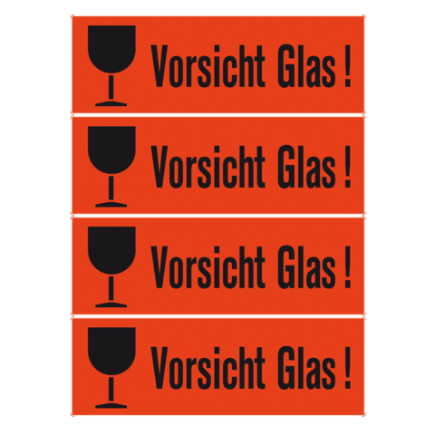 Vier orangefarbene Warnschilder mit dem Text "Vorsicht Glas!" und einem Symbol eines Weinglases.