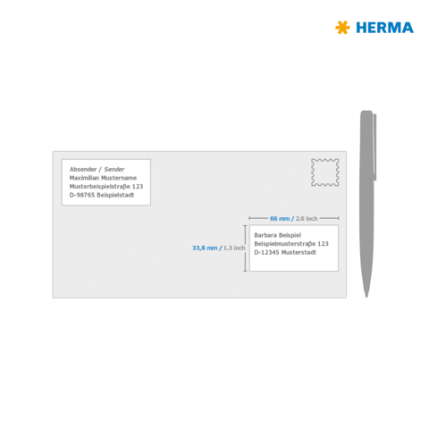 Briefbeschreibung einer Postkarte mit Absender- und Empfängerdaten sowie Maßen für Adressfelder. Oben rechts ist ein Platz für eine Briefmarke.
