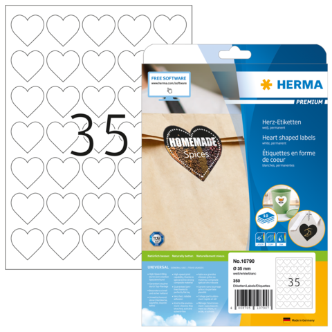 Herzförmige Etiketten auf einem Bogen, verpackt in einer transparenten Hülle. Enthält die Aufschrift "HOMEMADE" und die Nummer 35.