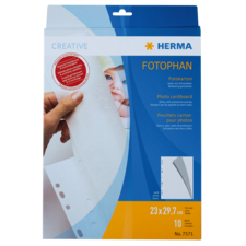 Fotokarton-Packung von Herma, enthält 10 Blätter in der Größe 23 x 29,7 cm, geeignet für Fotoprojekte und kreative Anwendungen.