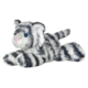Plüsch-Tiger mit grauen und weißen Streifen, großen blauen Augen und einer rosa Nase, in liegender Position.