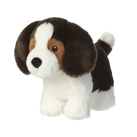 Plüschhund mit braun-weißen Fellmustern und langen Ohren, in aufrechter Position stehend.