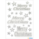 Glitzernde Aufkleber mit dem Text "Frohe Weihnachten" und verschiedenen Sternen in Silber auf weißem Hintergrund.