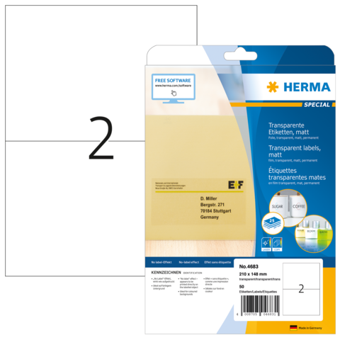 Transparente Etikettenpackung von Herma, mit Informationen zu Größe und Verwendung, inklusive einer Anleitung zur Nutzung von Software.