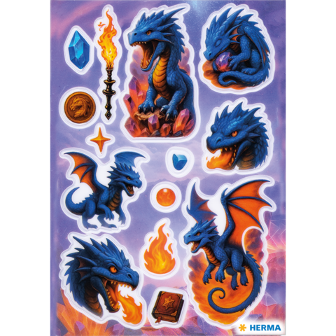 Aufkleber mit blauen Drachen, Kristallen, einer Fackel, Münzen und Flammen in verschiedenen Posen und Designs." 

(Note: The text is already in German and does not require translation. It is clear and fluent as it stands.)
