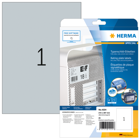 Typenschild-Etiketten von HERMA, Packung mit 25 Etiketten, Größe 210 x 297 mm, für Beschriftungen und Kennzeichnungen.