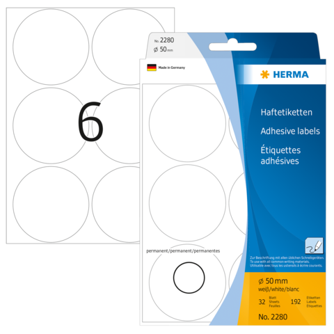 Weiße Haftetiketten mit 50 mm Durchmesser, 32 Stück pro Bogen, verpackt in einer blauen und weißen Verpackung von HERMA.