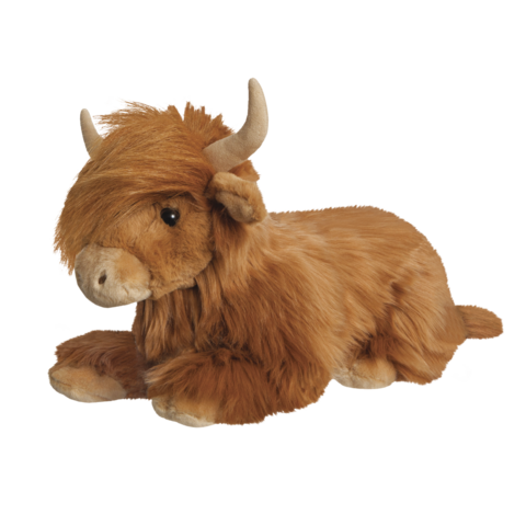 Plüschfigur eines Highlandrinds mit braunem Fell und charakteristischen Hörnern, in liegender Position.