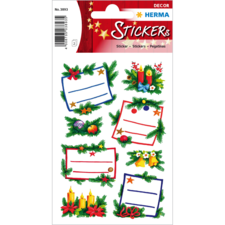 Weihnachtliche Aufkleber mit dekorativen Elementen wie Kerzen, Sternen und Pflanzen, versehen mit leeren Beschriftungsfeldern.