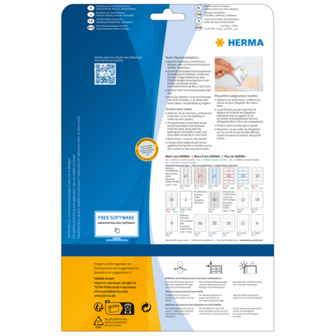 Rückseite einer Verpackung für Etiketten von HERMA, mit Anweisungen, QR-Code und Informationen zur Software.