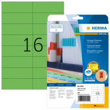 Grüne Etiketten mit der Nummer 16, verpackt in einer Herma-Hülle, die Informationen zu farbigen Etiketten enthält.