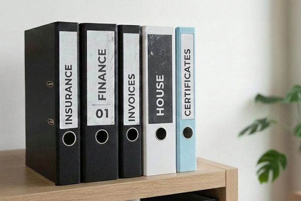 Ordner auf einem Holzregal, beschriftet mit 'Versicherung', 'Finanzen', 'Haus' und 'Zertifikate'. Im Hintergrund steht eine Pflanze.