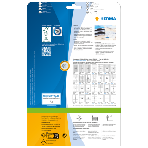 Rückseite einer Verpackung mit Informationen zu HERMA Produkten, einschließlich QR-Code, Software-Hinweis und Anwendungshinweisen.