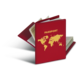 Ein roter Reisepass mit goldener Aufschrift "PASSPORT" und einer Weltkarte auf der Vorderseite, teilweise geöffnet.