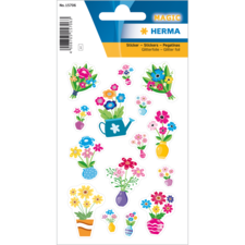 Bunte Aufkleber mit verschiedenen Blumenmotiven, Vasen und Gießkanne, ideal für Dekoration oder Bastelprojekte.