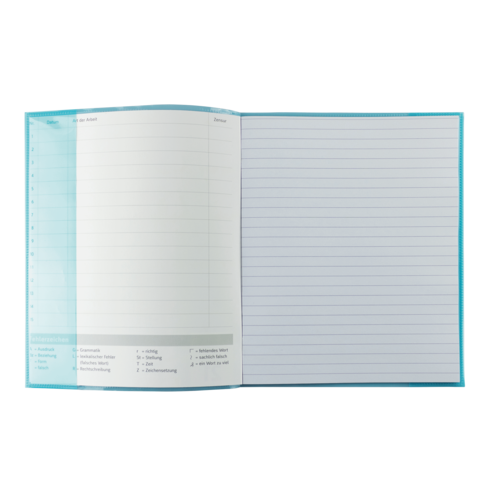 Ein offenes Notizbuch mit linierten Seiten und einer Spalte für Termine oder Aufgaben auf der linken Seite.
