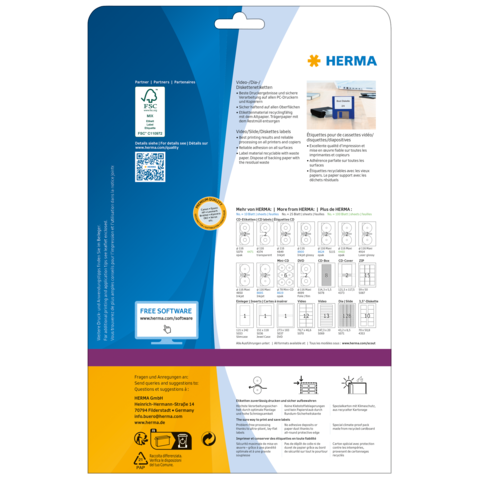 Verpackungsrückseite von HERMA mit Informationen zu Software, Anleitungen und Produktdetails. Enthält QR-Code und Symbole für Nutzungshinweise.