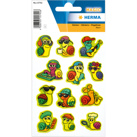 Bunte Aufkleber von Schnecken in verschiedenen Outfits und bei unterschiedlichen Aktivitäten, wie Musik hören, spielen und entspannen.